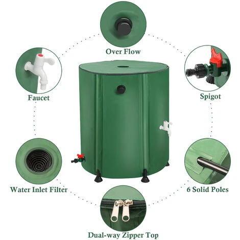 TODECO Récupérateur Eau De Pluie Pliable 225L, Collecteur Tonneau Eau De Pluie Gouttiere, Recuperateur Eau Avec Robinet, Filtre, Soupape De Décharge, 6X Tiges De Support, Couvercle, Cuve Eau Jardin - Vert 5 TODECO Récupérateur Eau De Pluie Pliable 225L, Collecteur Tonneau Eau De Pluie Gouttiere, Recuperateur Eau Avec Robinet, Filtre, Soupape De Décharge, 6X Tiges De Support, Couvercle, Cuve Eau Jardin - Vert – Image 3