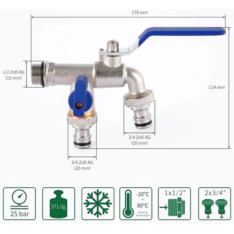 TINOR Robinet Haut De Gamme Avec Double Sortie, Robinet De Soutirage 1/2" X3/4" X3/4" – Résistant à La Rouille Et Au Gel Avec 2 Raccordements Tuyaux Pour Jardin, Machine à Laver Ou Citernes. 4 TINOR Robinet Haut De Gamme Avec Double Sortie, Robinet De Soutirage 1/2" X3/4" X3/4" – Résistant à La Rouille Et Au Gel Avec 2 Raccordements Tuyaux Pour Jardin, Machine à Laver Ou Citernes. – Image 2